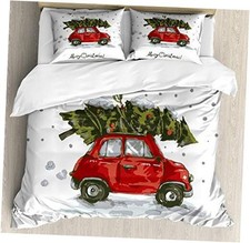 Christmas Duvet Cover Set, Retro Style Car Xmas Tree Queen Green Vermilion