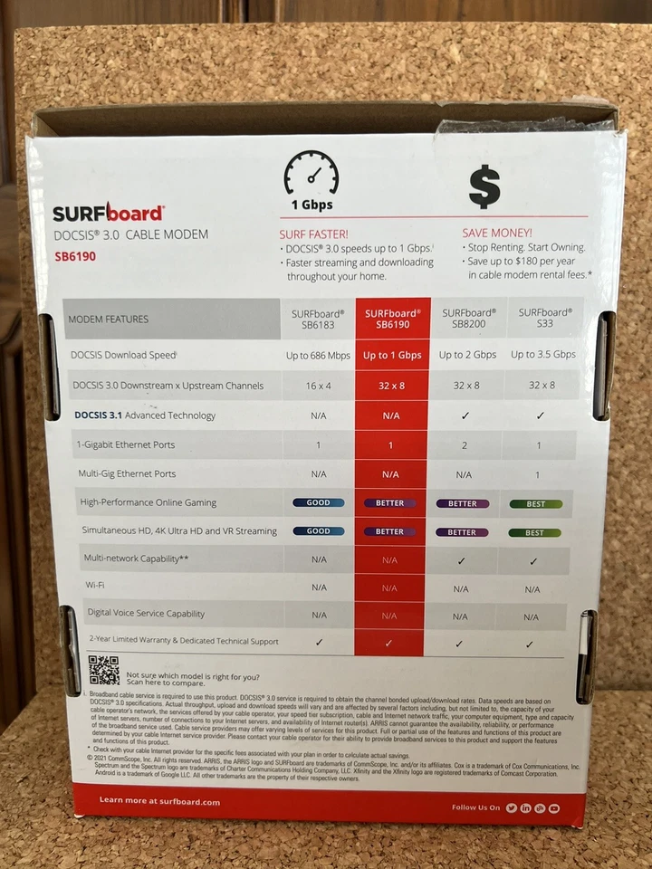 Cable módem ARRIS SURFboard SB6190 DOCSIS 1GPS 32x8 canales de módem NUEVO EN CAJA Foto 2 de 4