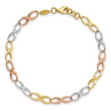 14K Gold TriColor Three Tone Pink Rose White Yellow Valentines Infinity Bracelet