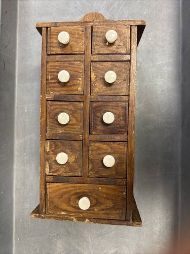 Antique 9 Drawer Solid Wood Kitchen Spice Cabinet Wall Hanging - Picture 7 of 10