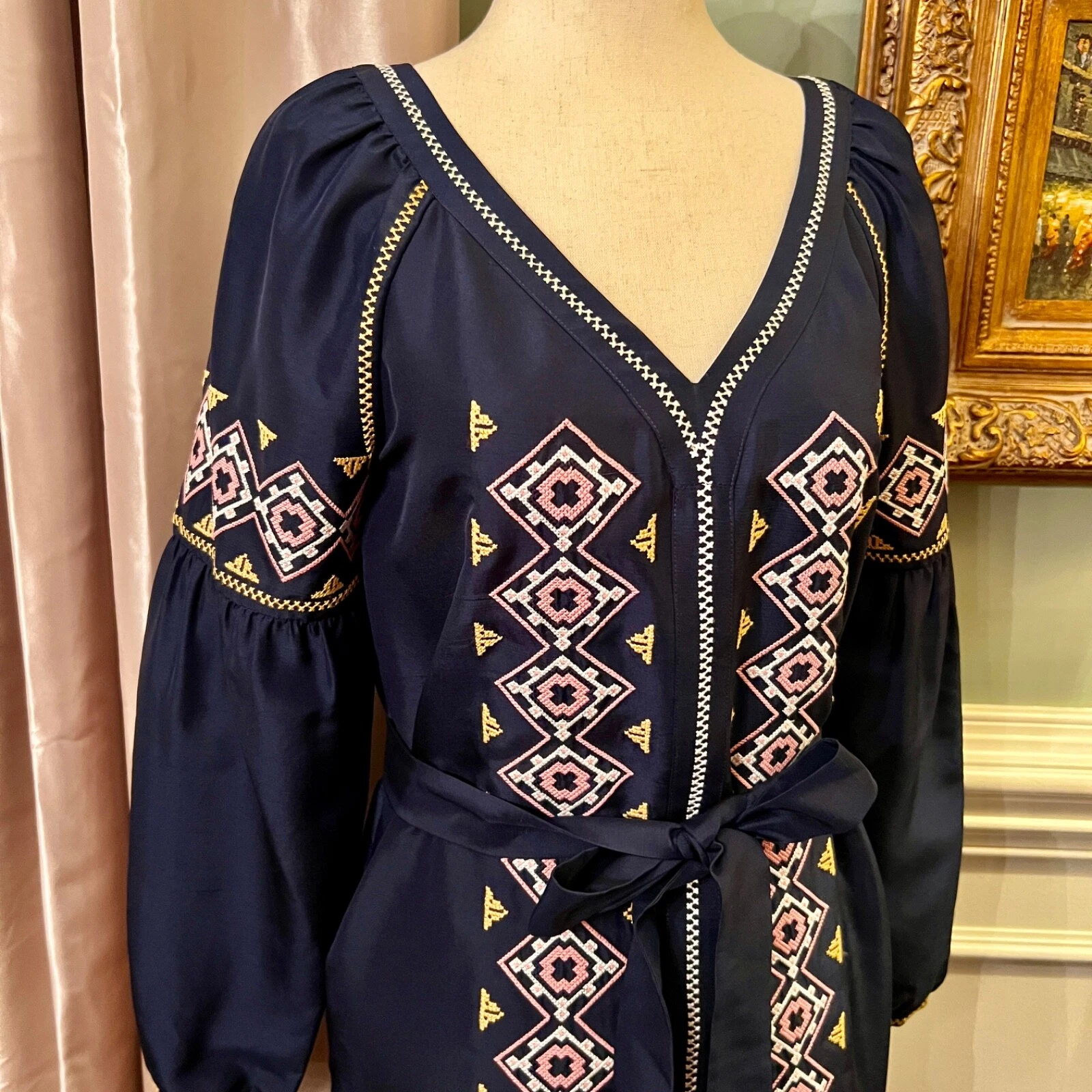 Abito a tunica ricamato stile midi Tory Burch Katya $450 nuovo con etichette verde navy taglia 0