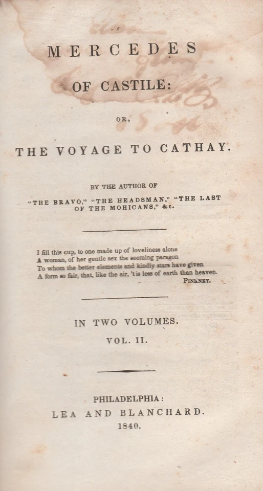 MERCEDES OF CASTILE BY JAMES F. COOPER, 1ST ED, 1840, 2 VOLUMES - Image 3 of 3