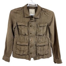 FREE PEOPLE Linen Field Chore Utility Military Jacket Sz 0 Full Zip  Snap Brown