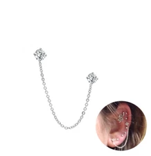 Crystal Chain Stud Sterling Silver Cartilage Double Piercing Climber Earring NEW