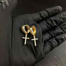1 Ct Round Cut Moissanite Dripping Cross Hoop Earrings 14K Yellow Gold Plated