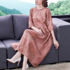 Abito Piegato Floreale Etnico In Cotone E Lino Loose A-Line Vintage Casual