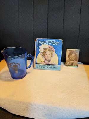 Lot of 3,Shirley Temple Blue Glass Pitcher '30''s,Little Colonel book '34,compact