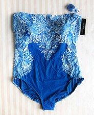 Carmen Marc Valvo 1-PC Cobalt Blue Paisley Swimsuit Shimmer Beads Sz 22W