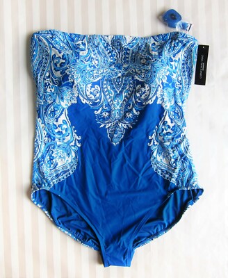 Carmen Marc Valvo 1-PC Cobalt Blue Paisley Swimsuit Shimmer Beads Sz 22W 
