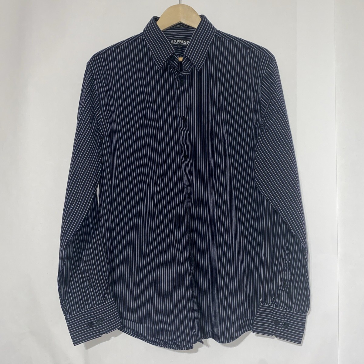 Express Dress Shirt Men's L 16-16.5 Modern Fit Stretch Cotton Black Blue  Striped | eBay