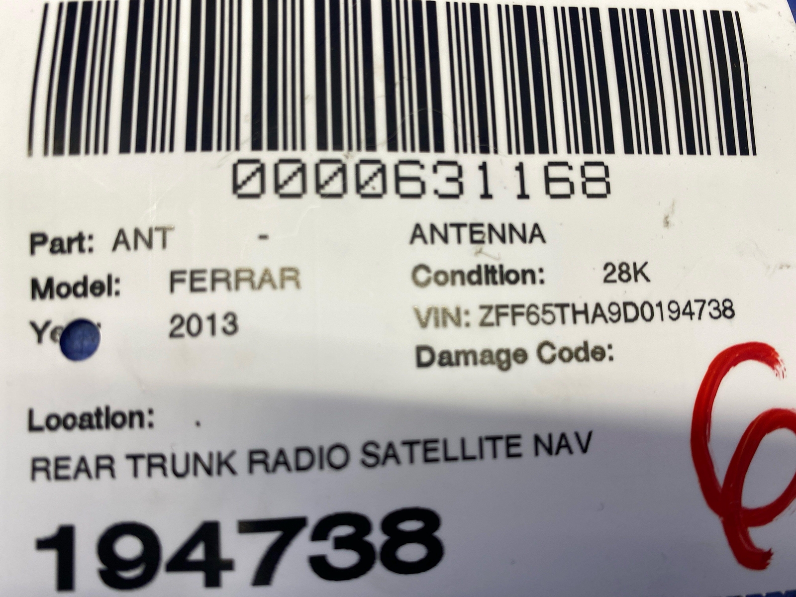 2008-2014 FERRARI CALIFORNIA REAR TRUNK RADIO SATELLITE NAVI ANTENNA W/ BRACKET
