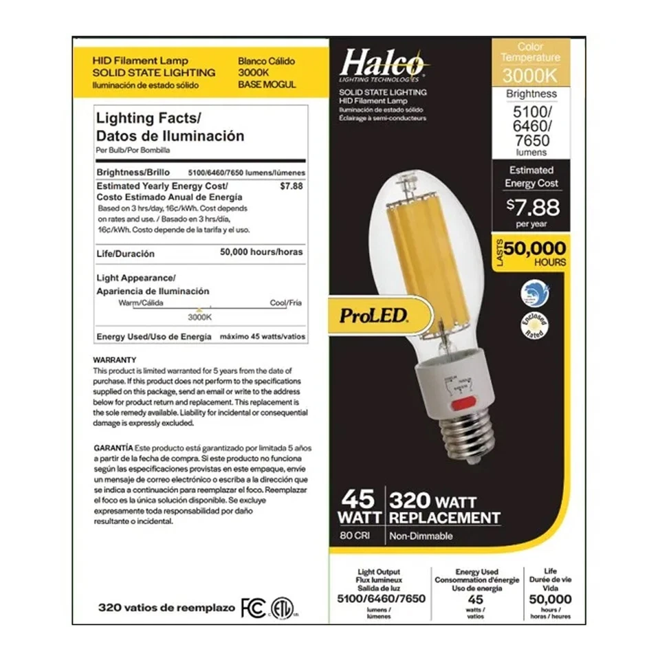 Halco 84901 ED28 LED Filament Bulb 30/38/45W 7650lm 3000K 120-277V Mogul Base - Image 2 of 4