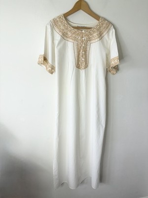 Vintage Boho Past Times weiß gold bestickt Bohemian Smock Kaftan Kleid M/L