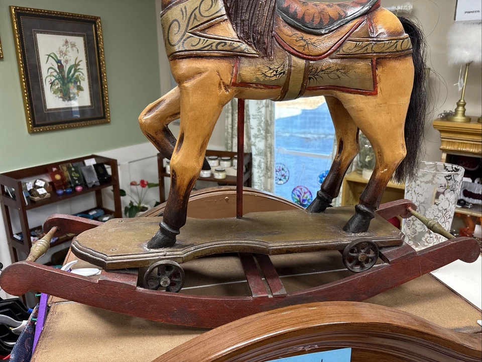 Vintage Antique Hand Carved Wooden Toy Rocking Horse 26” Cast Iron Wheels Cs200 - Image 2 of 4