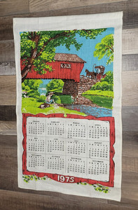 Vintage 1975 Tea Cloth Calendar Linen Wall Hanging Covered Bridge Creek side