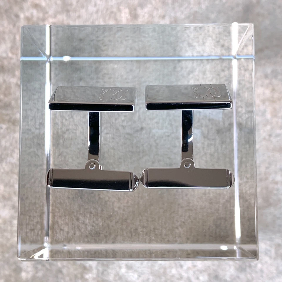 Запонки Cartier из стерлингового серебра 925 пробы прямоугольные линии и логотип с чехлом - Изображение 4 из 4