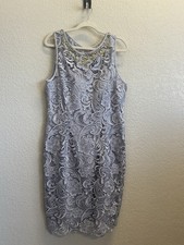 Adrianna Papell Gray Lace Beaded Sheath Dress Scoop Neck Keyhole US 16