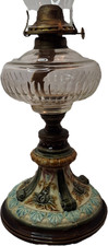 Doulton Burslem Majolica Oil Lamp Floral Relief Ceramic Ribbed Glass Circa 1890