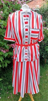 Vintage Berketex red grey stripe 2 pc blouse & pleat belted skirt twin set UK 12