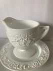 Vintage Creamer w/Saucer Gravy Boat Raised Floral Milk Glass
