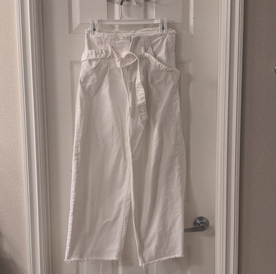 Zara Basic Z1975 Denim White Wide-Leg Frayed Hem Belted Tie Women's Jeans