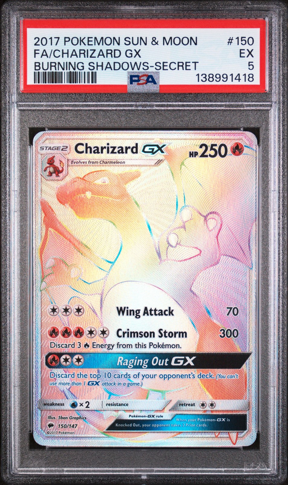 Charizard GX #150/147 Rainbow Rare Burning Shadows Pokemon 2017 PSA 5