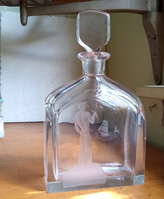 RARE ORREFORS SIGNED SVEN PALMQVIST ART GLASS DECANTER SAILOR & SHIP ENGRAVED