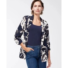 Chicos Size-3 US 16 Floral Open Front Blazer Navy Blue White Ruched 3/4 Sleeve