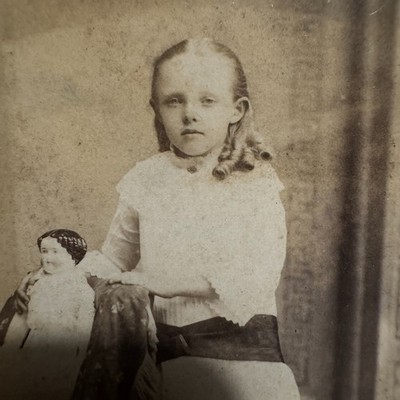 c1880s CDV Girl With China Doll J A Phillips Ground Floor Gallery Danville IL