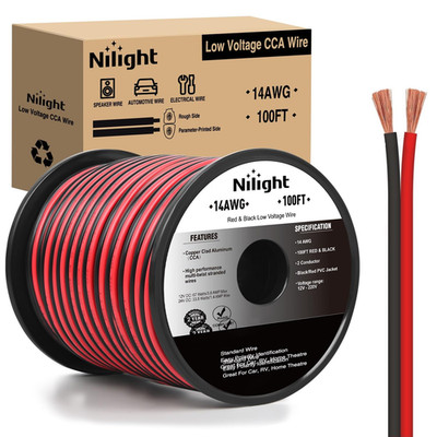Nilight 100FT 14AWG Copper Clad Aluminum Wire 14/2 Gauge Red Black CCA Electrica