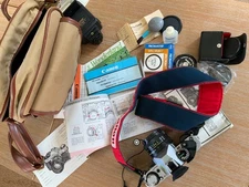 Canon Camera SLR lens AE1 bundle 35mm 84 Olympic caps brush Sunpak Japan