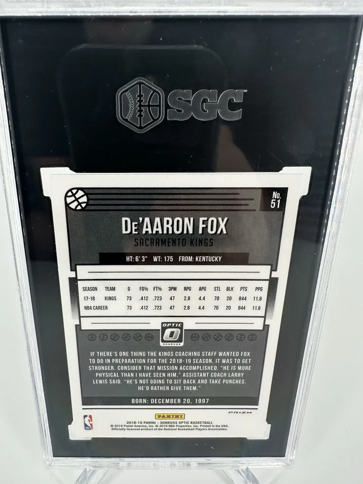 2018-19 Donruss Optic De’Aaron Fox #51 Blue Velocity Prizm SGC 9.5 Mint+ - Image 2 of 2