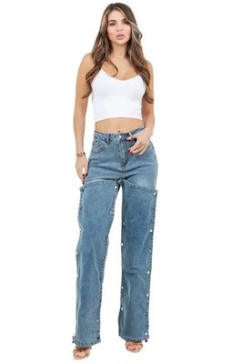 Denim Snap Button Pad Style Pants