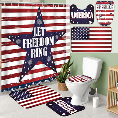 4 Pcs 4Th of July Shower Curtains Set 250Th Anniversary Red White Blue Bathroom