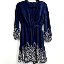 Old Navy Waisted Faux Wrap Cotton Dress Navy Blue White Floral Balloon Sleeves S