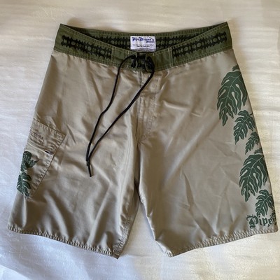 Pipe Dreams Hawaii Board Shorts Mens 32 Beige Green Leaf Print Drawstring Pocket