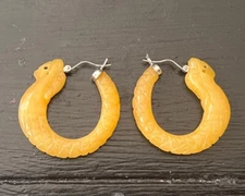 Nice Yellow Jade Carved Fish Snake Sterling 925 D'Joy Hoop Earrings