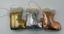 Set of 3 Small Fabric Metallic Stocking Ornaments Gold Silver Rose Gold