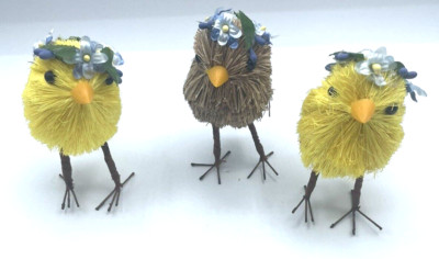 Easter Chick Figurines with floral crown Yellow Spring Straw Texture set of 3