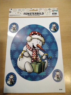 Fensterbild 1 XL + 4 kleine mit GLITZER süßer Schneemann packt Geschenk aus NEU