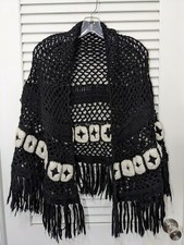 Vintage Handmade Black  White Crocheted Cape/Shawl/Afghan w/ Fringe EUC