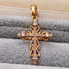 Beautiful New 18K Yellow Gold Filled Clear CZ Accented Cross Pendant Necklace