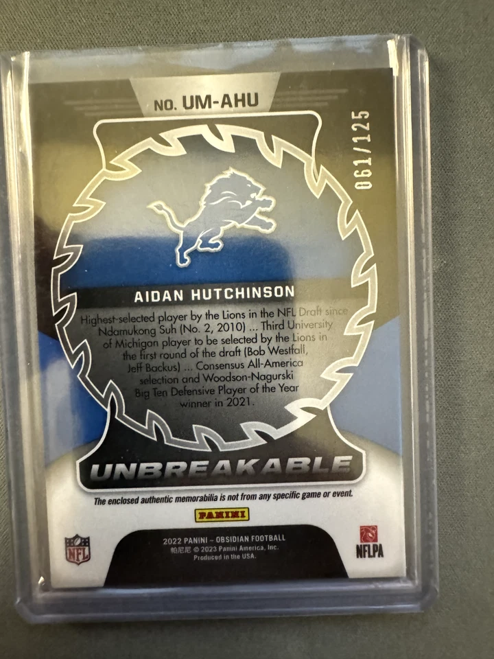 2022 Panini Obsidian Football Aidan Hutchinson Unbreakable Patch Rookie /125 - Image 2 of 2