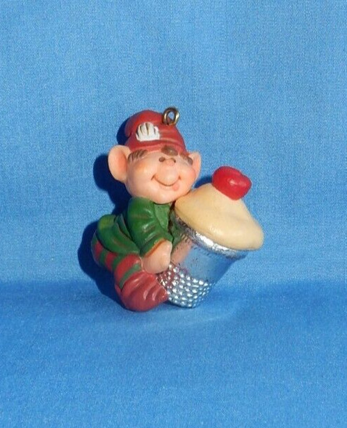 Vintage Hallmark 1983 Thimble Elf with Cupcake #6 Christmas Ornament