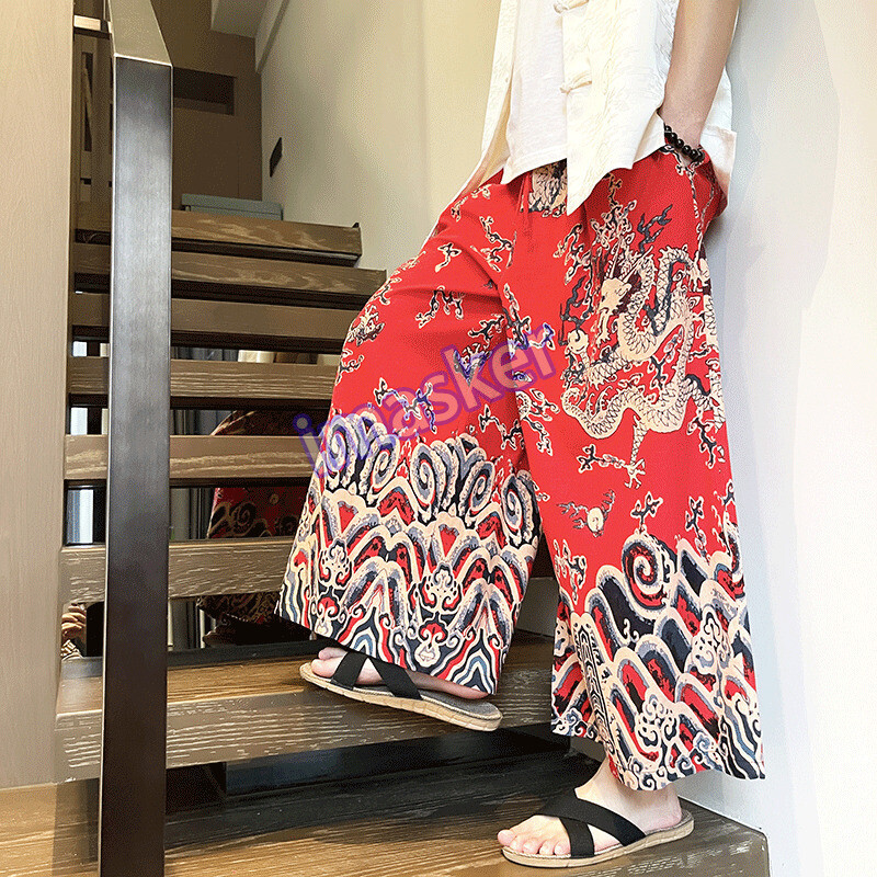 Summer Cotton Linen Men's Dragon Print Straight Leg Harem Pants