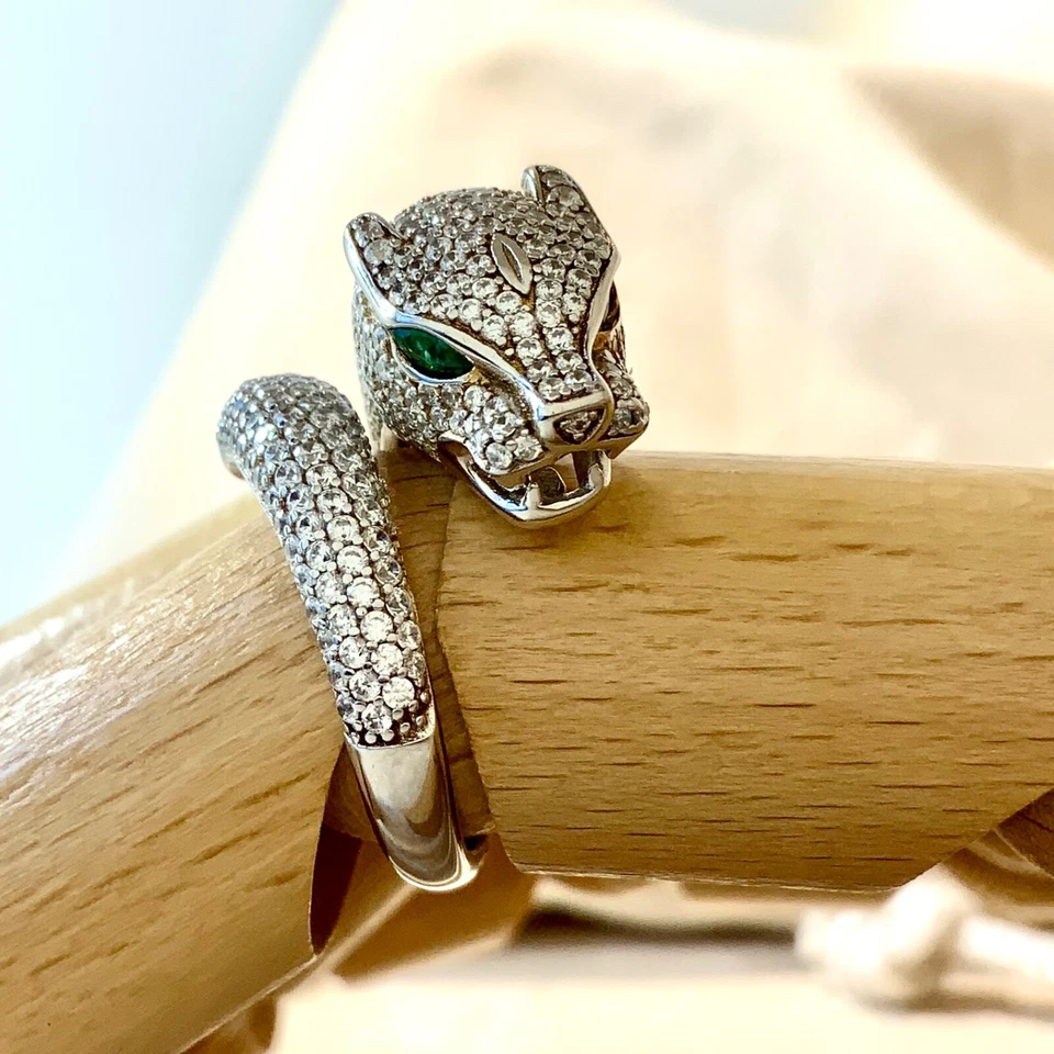 7码白金镀925银声明粗豹绿色眼睛戒指  — 第 4/4 张图片