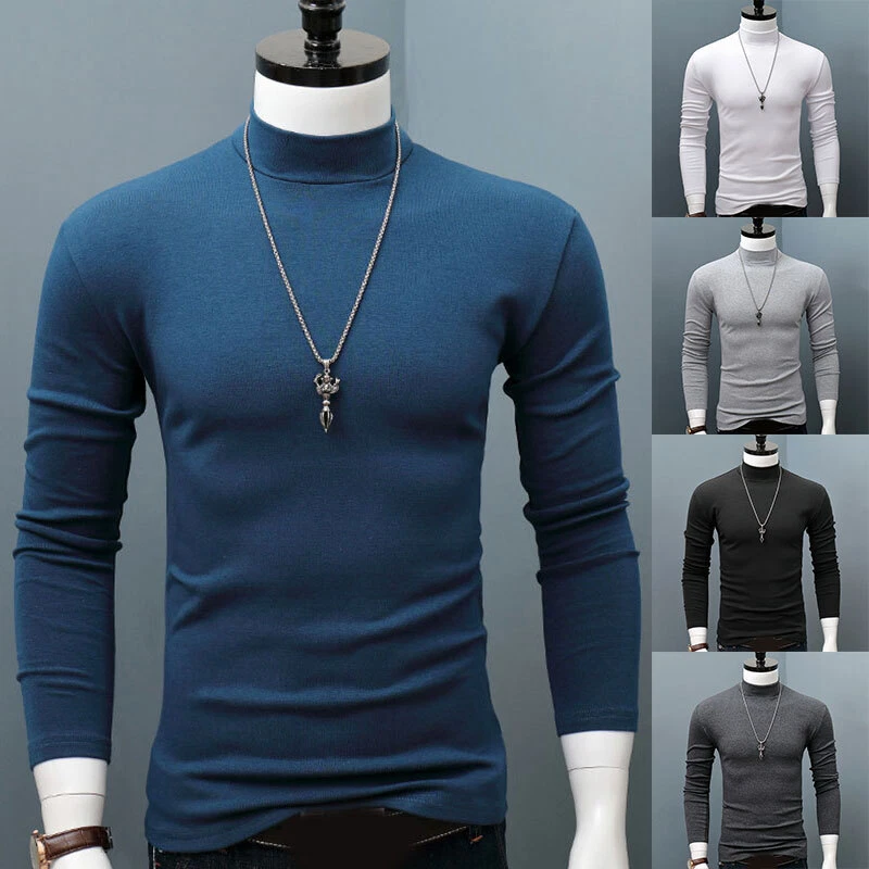 Mens Roll Neck Cotton Lightweight Jumper T-Shirt Turtle Funnel Long Sleeve  Tops