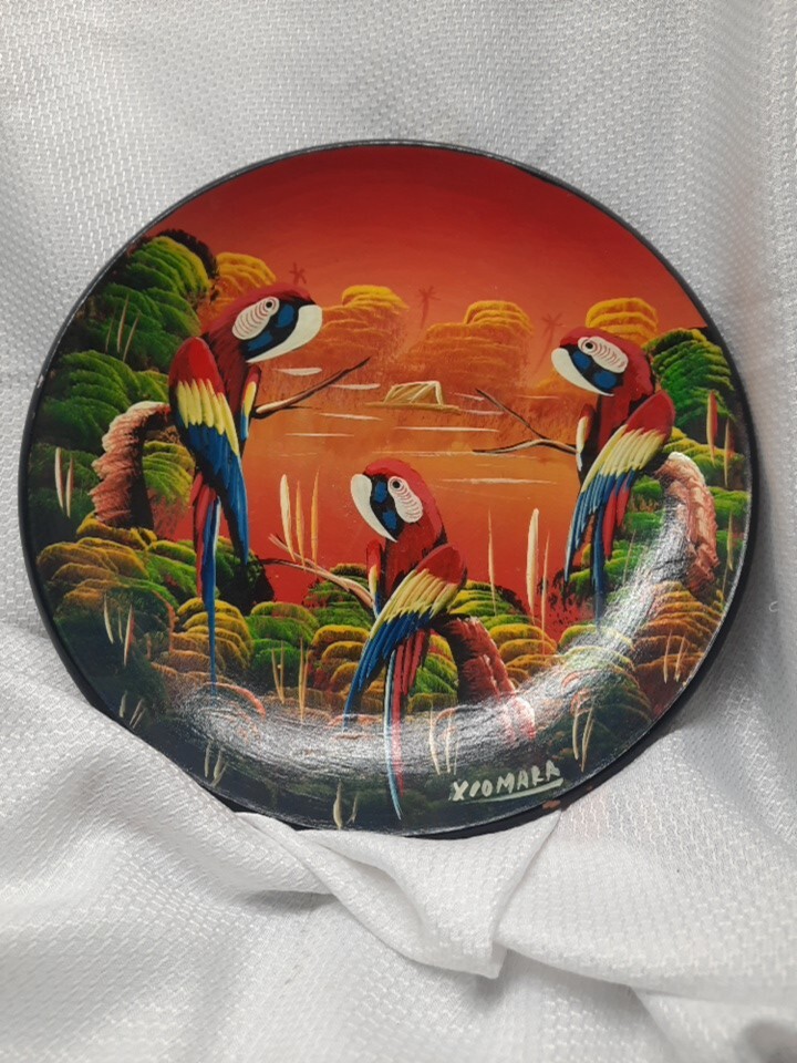 Hand Painted Plate Parrot Macaw Cockatiel Tropical BirdVTG Peru Artist Signed