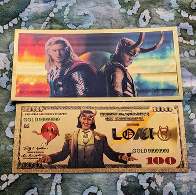 2pc 24k Gold Foil Plated Novelty Collectible Marvel Loki and Thor MCU Banknotes