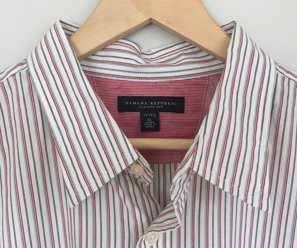 Camisa BANANA REPUBLIC Calce Clásico Para Hombre Blanca Roja Gris Rayas Botones 17-17.5 Foto 3 de 4